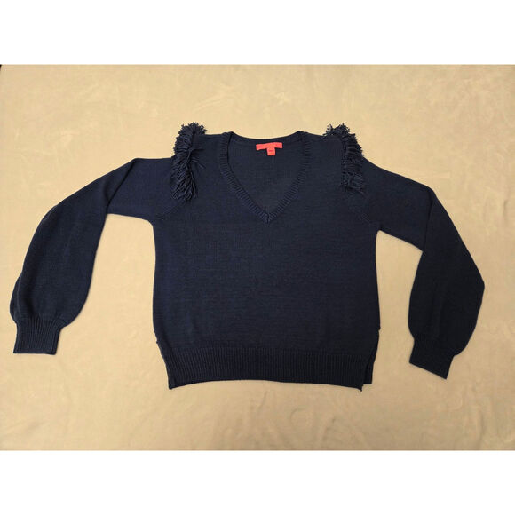 Lilly Pulitzer Women's Sweater  Blue Long Sleeve Fringe Shoulder V-Neck  Size XL - Picture 4 of 8